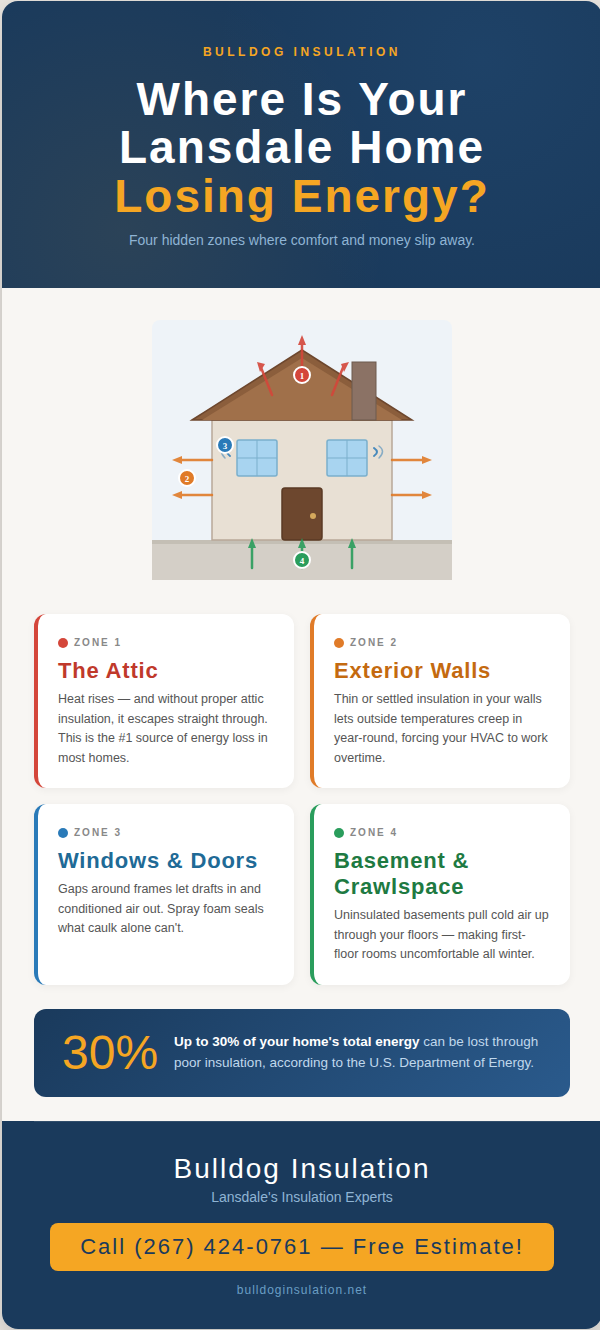 An infographic illustrating where your Lansdale, PA home may be potentially losing energy, and how proper insulation can fix that.