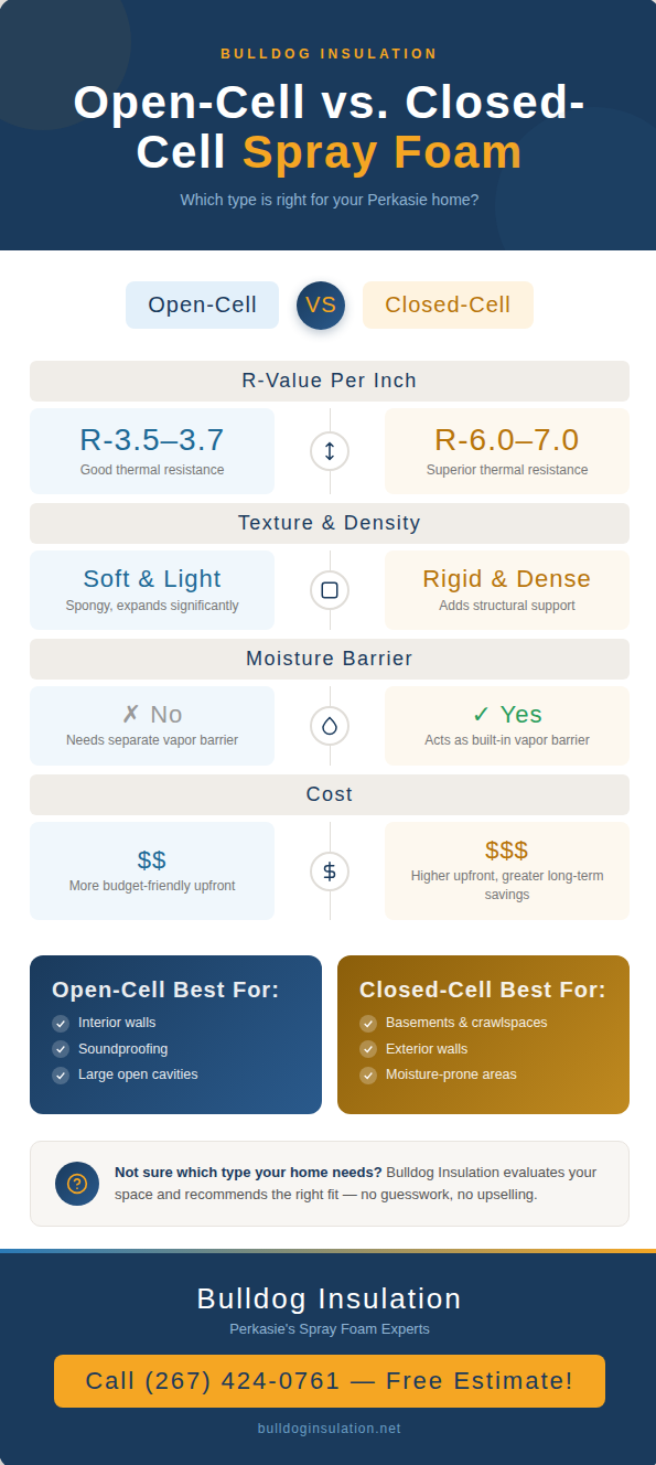 An infographic illustrating the differences and similarities between open-cell and closed-cell spray foam insulation.