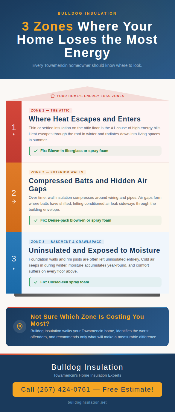 Infographic showing three energy loss zones in a Towamencin home — attic, exterior walls, and basement or crawlspace — with recommended insulation fixes for each area.