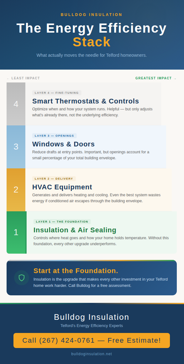 Infographic showing a stacked ranking of home energy efficiency upgrades by impact, with insulation and air sealing at the foundation as the highest-impact improvement, followed by HVAC, windows, and smart controls.