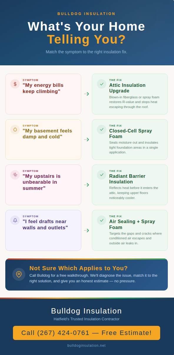 Infographic matching four common home comfort symptoms to their recommended insulation solutions, including attic upgrades, closed-cell spray foam, radiant barriers, and air sealing.