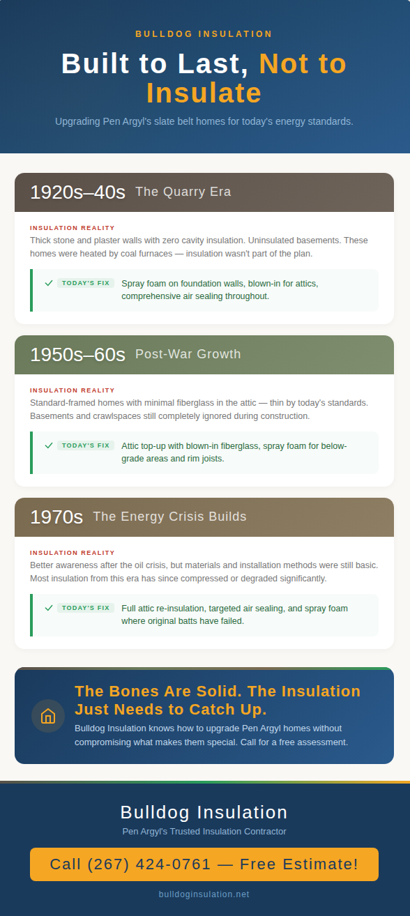 Infographic showing three housing eras common in Pen Argyl's slate belt region — 1920s through 1970s — with each era's original insulation shortcomings and the recommended modern upgrades.