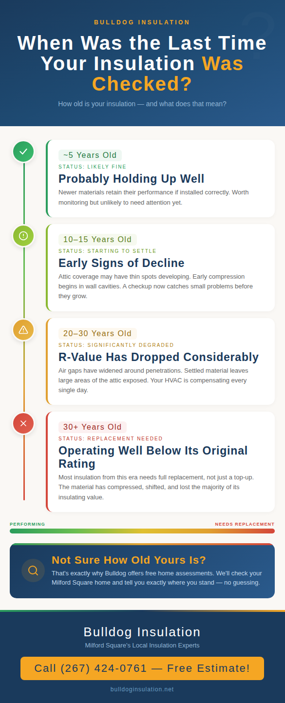 Infographic showing how home insulation degrades over four time periods — 5 years, 10 to 15 years, 20 to 30 years, and 30-plus years — helping Milford Square homeowners assess when an upgrade is needed.