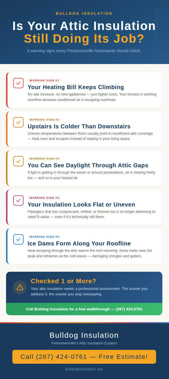 Infographic listing five warning signs that attic insulation in a Perkiomenville home needs upgrading, including rising heating bills, uneven temperatures, visible gaps, flat insulation, and ice dam formation.