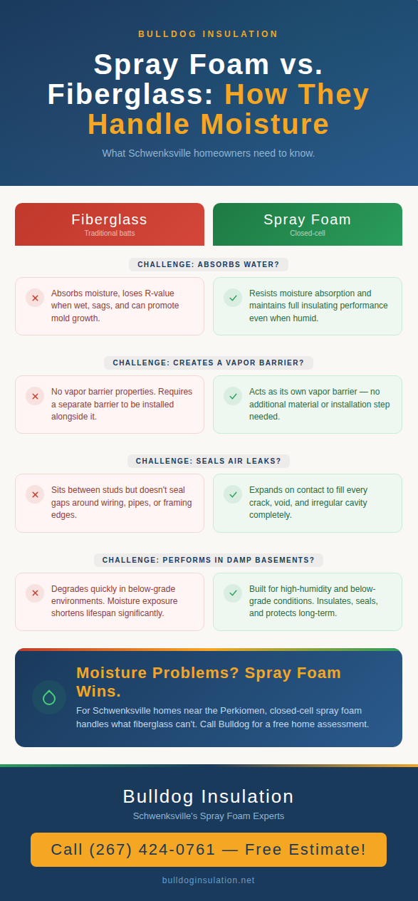 Infographic comparing how fiberglass and spray foam insulation handle four moisture-related challenges, showing spray foam's advantages in water resistance, vapor barrier properties, air sealing, and basement performance.
