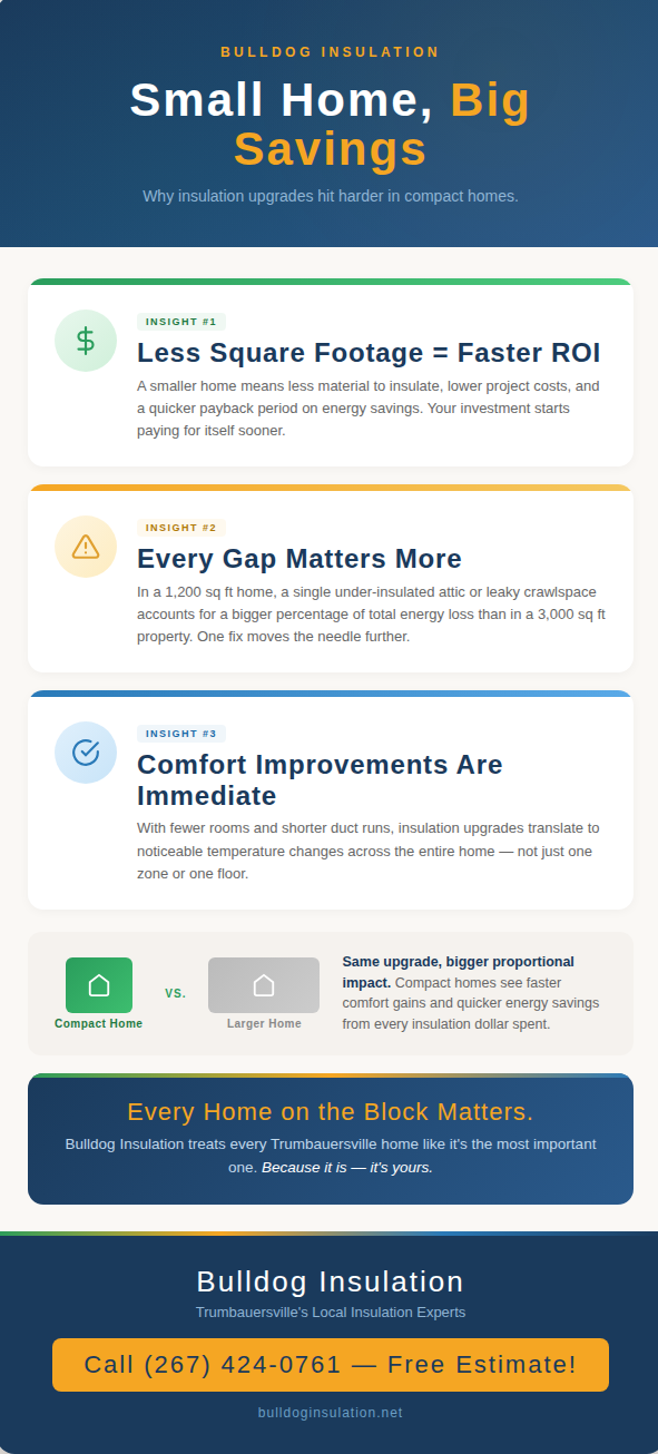 Infographic explaining why insulation upgrades deliver bigger proportional returns in smaller homes, covering faster ROI, greater impact per gap, and immediate whole-home comfort improvements.
