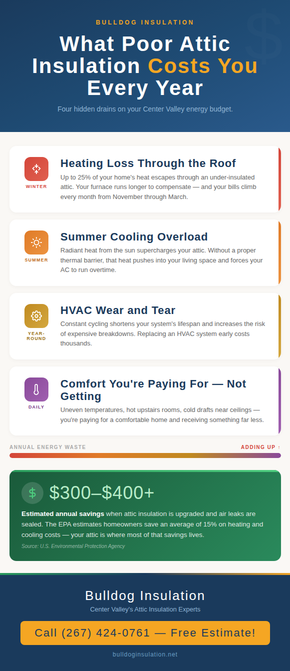 An infographic illustrating the effects and ramifications that poor attic insulation has on your home every year.