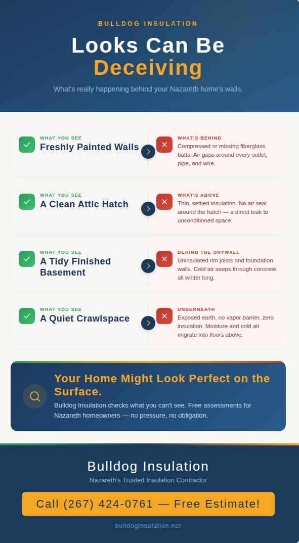 Infographic revealing four hidden insulation problems behind well-maintained home features — walls, attic hatches, finished basements, and crawlspaces — showing what homeowners can't see without a professional assessment.