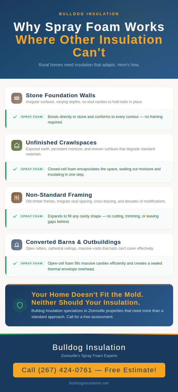 Infographic showing four challenging construction features in rural homes — stone foundations, crawlspaces, non-standard framing, and converted outbuildings — with spray foam insulation solutions for each.