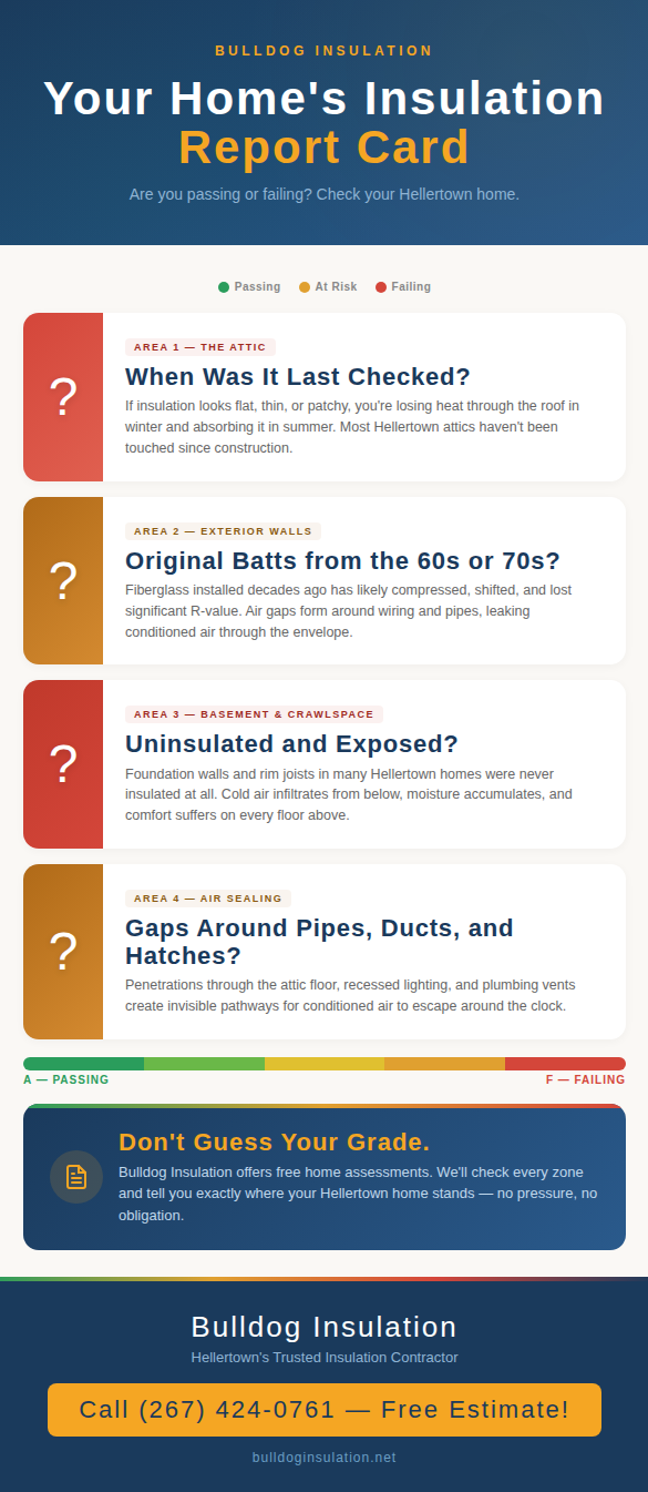 Infographic styled as a home insulation report card with four graded areas — attic, exterior walls, basement or crawlspace, and air sealing — encouraging Hellertown homeowners to get a professional assessment.