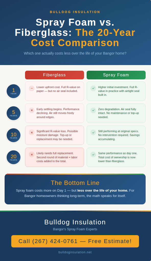 Infographic comparing the 20-year total cost of ownership between spray foam and fiberglass insulation across four time milestones, showing how spray foam's long-term durability delivers lower lifetime costs.