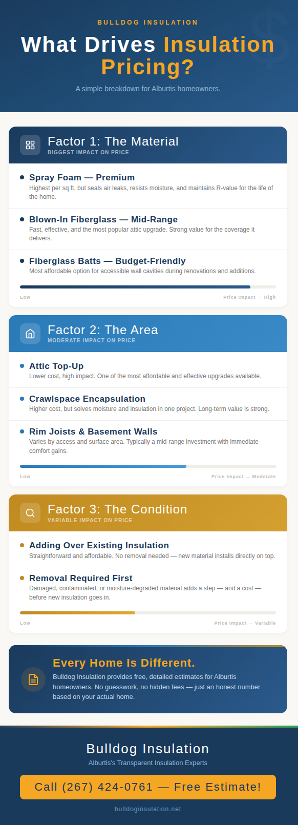 Infographic breaking down three factors that drive insulation pricing — material type, area being insulated, and existing condition — helping Alburtis homeowners understand what affects their project cost.