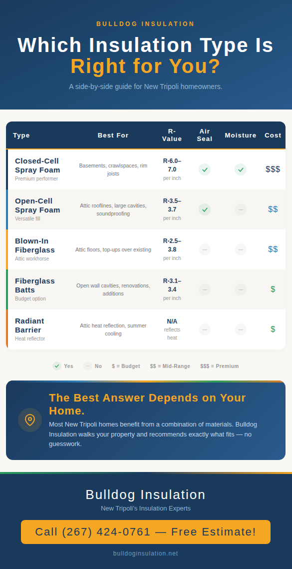 Side-by-side comparison infographic of five insulation types — closed-cell spray foam, open-cell spray foam, blown-in fiberglass, fiberglass batts, and radiant barrier — showing best use, R-value, air sealing, moisture resistance, and cost level for each.