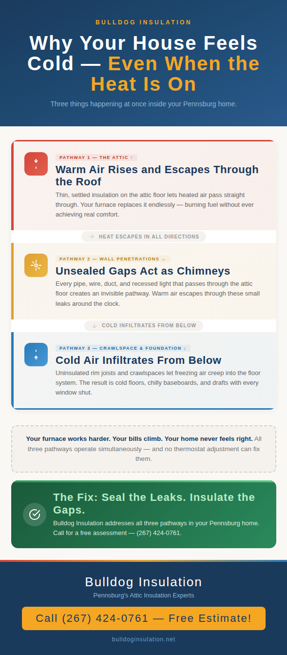 Cross-section infographic of a house showing three heat loss pathways — warm air escaping through the attic, air leaking through wall penetrations, and cold air infiltrating from the crawlspace — explaining why Pennsburg homes feel cold even with the heat on.