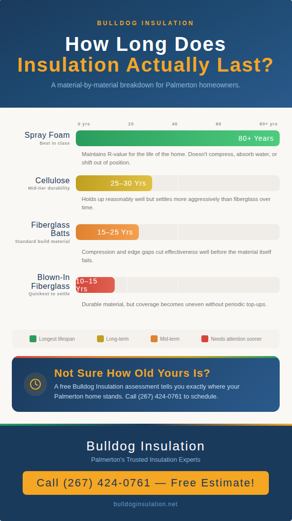 Lifespan comparison infographic showing how long four insulation materials last — spray foam at 80-plus years, cellulose at 25 to 30 years, fiberglass batts at 15 to 25 years, and blown-in fiberglass at 10 to 15 years.