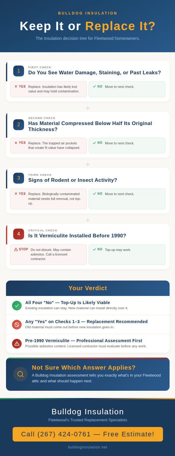 Decision-tree flowchart infographic guiding Fleetwood homeowners through four yes-or-no questions to determine whether old insulation should be replaced or topped up.