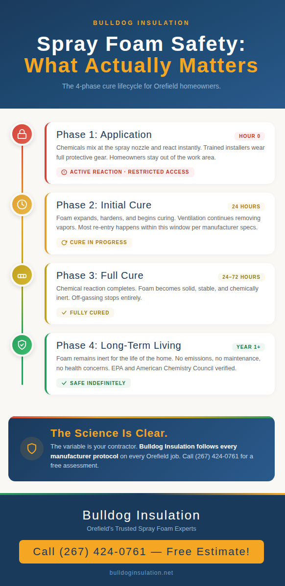 Lifecycle timeline infographic showing the four phases of spray foam insulation installation from application through full cure to long-term occupancy, with safety status at each phase.
