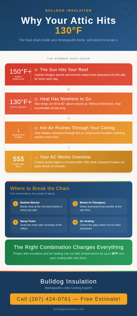 Thermal cross-section infographic showing how outdoor heat builds up in a Breinigsville attic to 130 degrees and radiates into the home, with four intervention points where insulation and air sealing break the heat chain.